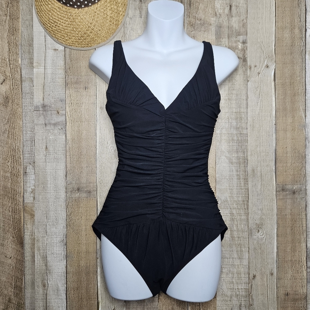 Gottex Shirred Peasant One Piece Black Swimsuit Size 12 Pull-on